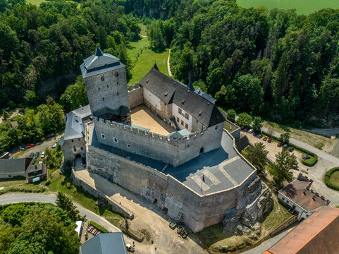 Aerial view of Kost castlein Libosovice , built in high Gothic style, White Tower keep surrounded by 2 concentric walls in the Bohemian Paradise