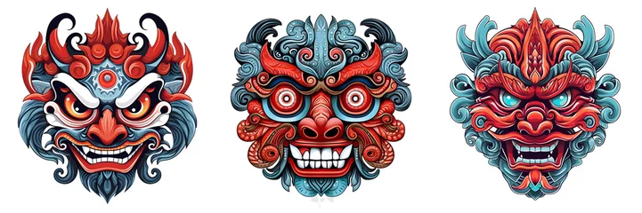 Fotobehang Mask design in traditional balinese motifs, indian mask, colorful cartoon, dynamic and exaggerated facial expressions on white background. Generative ai. © ckybe