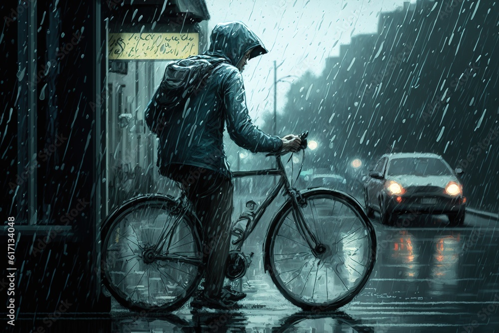 Poster cyclist in the rain in the city. Generated by AI.