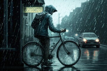 Fototapeta na wymiar cyclist in the rain in the city. Generated by AI.