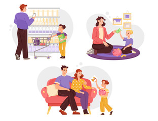 Financial Literacy for Children with Parent Teaching Son Saving Money Vector Set