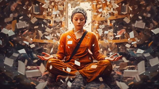 Mind Over Matter: Person meditating amidst chaos, demonstrating the power of mindfulness and mental focus. Generative ai.
