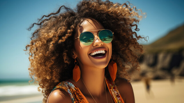 Beautiful african american woman with afro hairstyle and sunglasses on the beach. Generative AI.