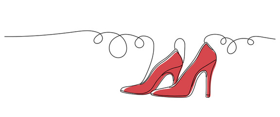 Continuous draw one line women shoes icon. Lady pumps shoes outline. Fashion shoe design. Elegant women's high heels with colored flat background. Vector illustration with single line drawing - obrazy, fototapety, plakaty