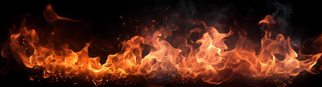 Fire flames on a black background, fire flames, close up stock photo, flames against a black background