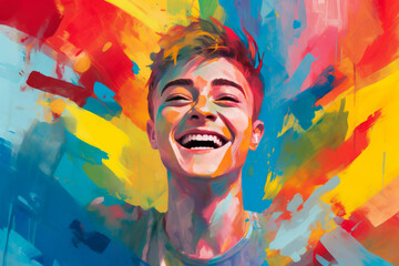 Happy man portrait on rainbow background. Generative ai illustration of lgbt rights concept.