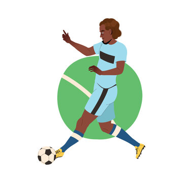 Man Football Player in Uniform Passing Ball Scoring Goal Vector Illustration.