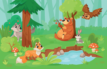 Fototapeta premium Cute Forest Animals in Wild Nature Among Green Tree and Bush Vector Illustration