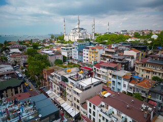 Blue Mosque Sultan Ahmet Camii aerial view in Sultanahmet in historic city of Istanbul, Turkey....