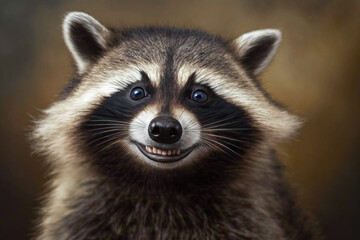 Portrait of realistic and adorable Raccoon with smile in forest. Closeup funny smiling animal face illustration. Humorous, entertaining animals, Heartwarming concept. Made with Generative AI