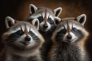 Obraz premium Portrait of realistic and adorable 3 raccoons with smile. Funny smiling animal face, raccoon trio illustration. Humorous, entertaining animals, Heartwarming animal family. Made with Generative AI