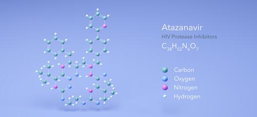 atazanavir molecule, molecular structures, hiv protease inhibitors, 3d model, Structural Chemical Formula and Atoms with Color Coding - obrazy, fototapety, plakaty