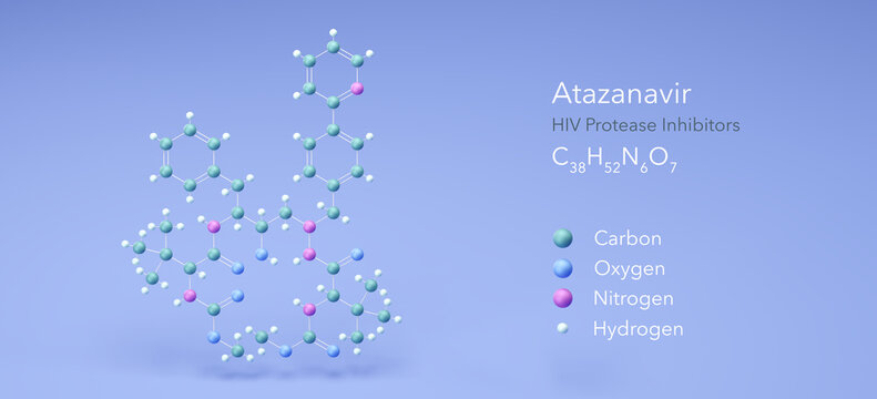 atazanavir molecule, molecular structures, hiv protease inhibitors, 3d model, Structural Chemical Formula and Atoms with Color Coding