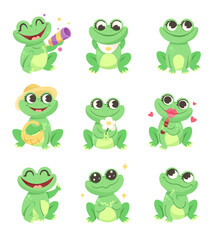 Obraz premium Cute Green Leaping Frog Character Sitting and Smiling Vector Illustration Set