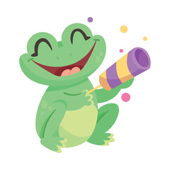 Cute Green Leaping Frog Character Sitting with Kaleidoscope Vector Illustration