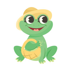 Cute Green Leaping Frog Character Sitting with Bag in Hat Vector Illustration