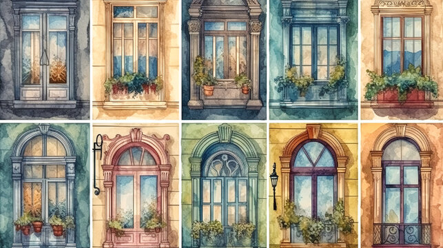 Set of painted facades of balconies, generative AI.