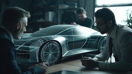 Fototapeta na wymiar Engineers developing sustainable eco-friendly electric vehicle, testing aerodynamic properties, designing with CAD software, holographic projection, automotive innovation, virtual vehicle design tech
