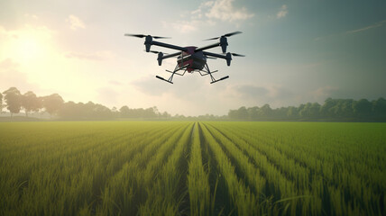 Agriculture Drone Monitoring Green Corn Field. Quadcopter Flying Above Lush Cultivated Field for Crop Surveillance, Smart Modern Farm Management, and Precision Farming. generative ai
