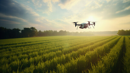 Agriculture Drone Monitoring Green Corn Field. Quadcopter Flying Above Lush Cultivated Field for Crop Surveillance, Smart Modern Farm Management, and Precision Farming. generative ai