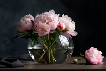 Bouquet of pink peonies in a vase on a wooden table in the living room. Generative AI