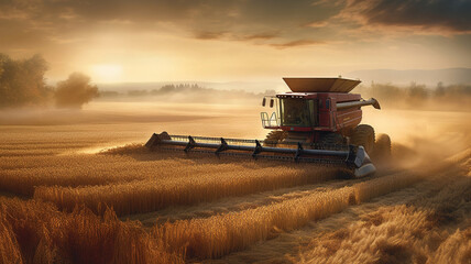 Fototapeta premium Combine Harvester Working on a Wheat Field. Modern Agriculture Smart Farming Concept. Golden Ripe Grain Harvesting. generative ai