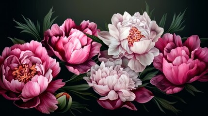 Obraz na płótnie Canvas Wallpaper pink peonies with fluffy green leaves on a green background. Banner. Generative AI.