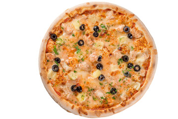 Pizza with chicken, pineapple and olives. Hawaiian pizza