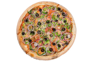 Vegan pizza with vegetables and black olives. View from above