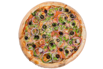 Vegan pizza with vegetables and black olives. View from above