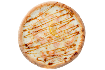 Salmon pizza with white white cream sauce and melted cheese. View from above