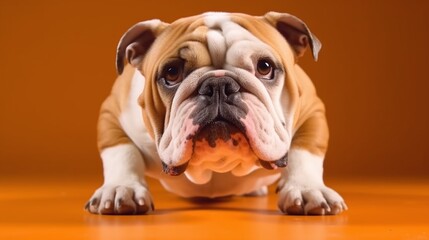 English bulldog puppy sitting on a yellow backgrounnd