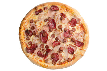 Pizza with salami, ham, sausage and white cream sauce. View from above