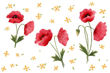seamless pattern background with wild red poppies yellow flowers and green leaves