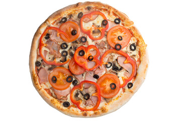Pizza with ham, mushrooms, tomatoes and bell peppers. View from above