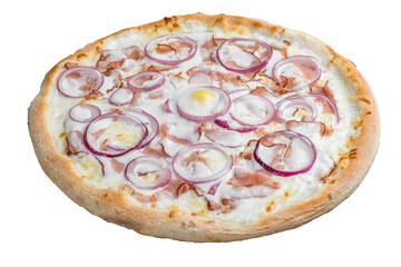 Carbonara pizza with ham and raw egg with white cream sauce.