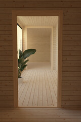 3D rendering of wooden corridor with wooden planks and banana plant