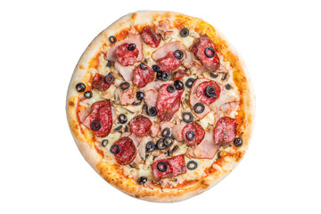 Pizza with salami, ham, sausage and white cream sauce