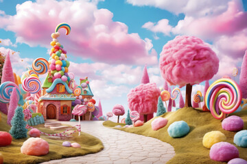 Candy town, lollipop trees. Sweets background. Child Birthday party poster or postcard template. Illustration Candy land town with blue sky and marshmallow clouds.