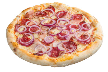 Pizza with salami, ham, sausage and white cream sauce