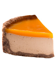 Chocolate cheesecake with caramel. Triangular piece of curd cake