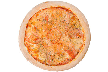 Pizza margarita with tomato sauce, tomatoes and cheese. View from above