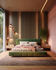 Artful representation of a high-end, modern bedroom, adorned with stylish decor and an inviting color scheme