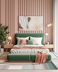 3D render of a contemporary bedroom, highlighting upholstery details and a tasteful mix of pale green and pink hues