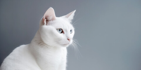 White cat on minimal gray background with copy space. Generative AI.