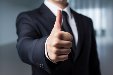 Businessman wearing a suit giving thumbs up, finance background. Generative AI.