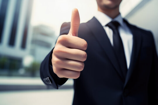 Businessman wearing a suit giving thumbs up, finance background. Generative AI.