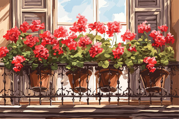 Fototapeta na wymiar flowers in a window Beautiful geraniums on a balcony vector art painting 