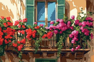 flowers in a window Beautiful geraniums on a balcony vector art painting 