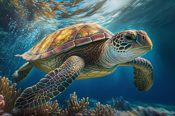 A sea turtle swimming over coral reefs Generative AI, IA, Generativa